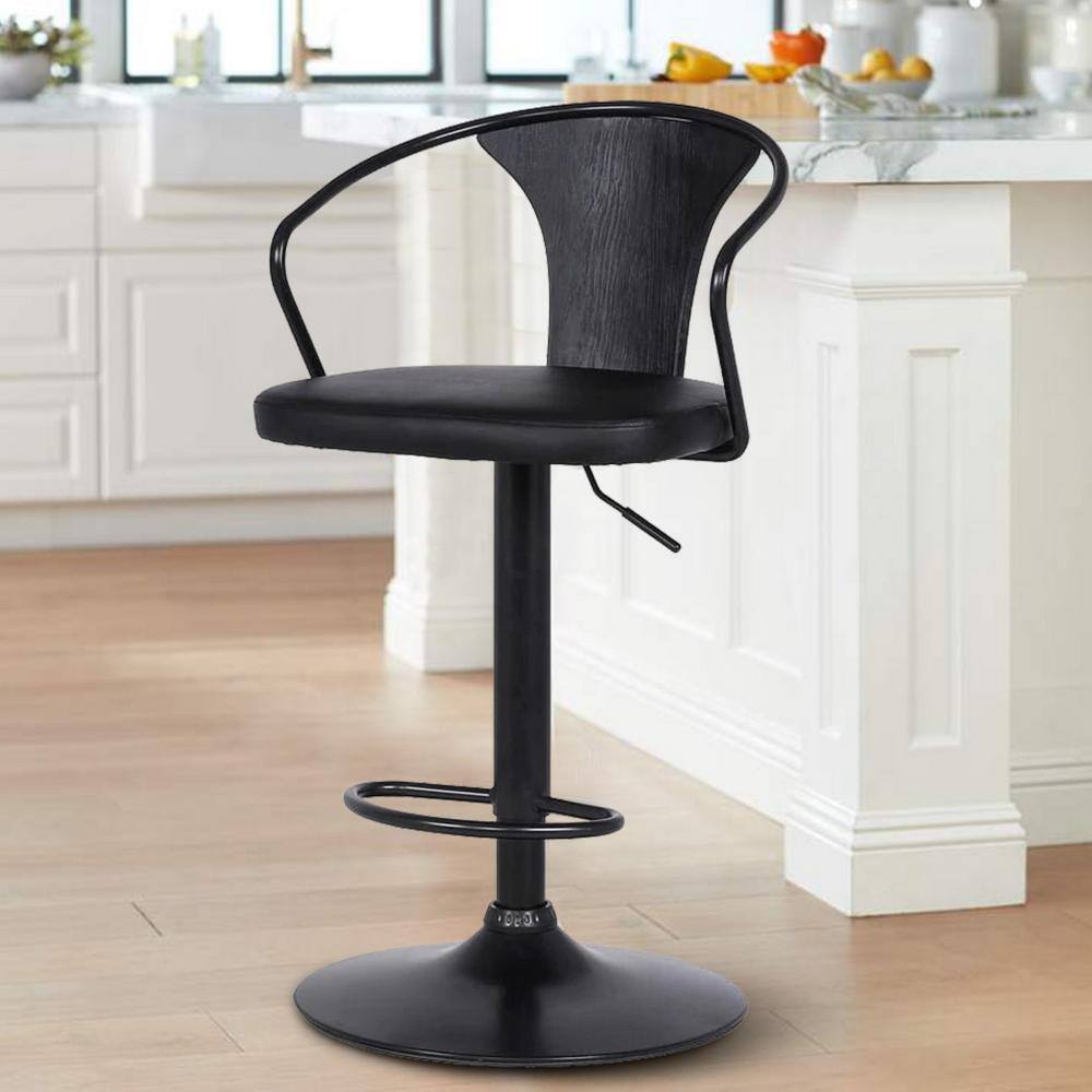 Elevate 19'' Black Leather and Wood Adjustable Swivel Barstool
