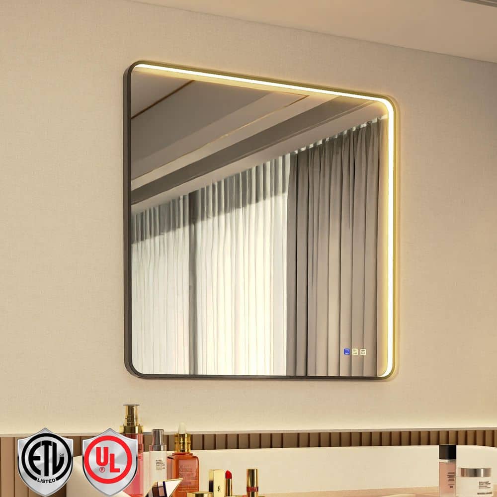 Framed Light 36 in. W x 36 in. H Rectangular Aluminum Framed Anti-Fog LED Bathroom Wall Mirror in Black price history on PriceWatchPro
