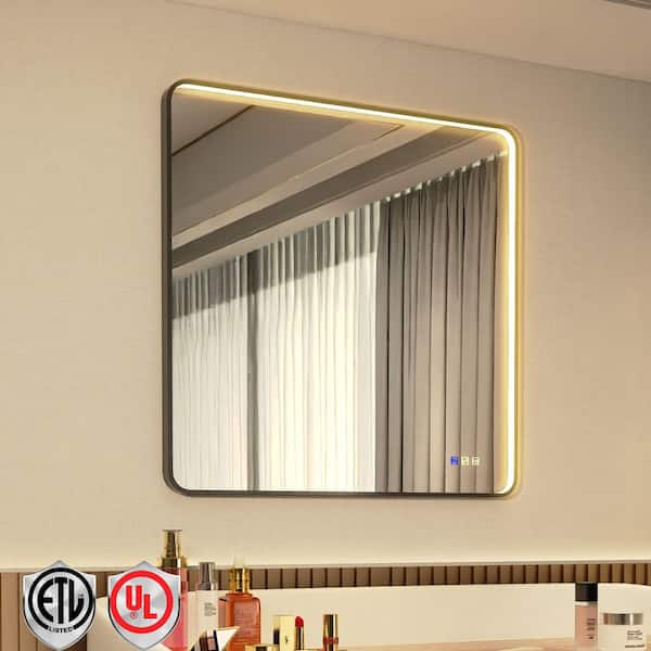 Framed Light 36 in. W x 36 in. H Rectangular Aluminum Framed Anti-Fog LED Bathroom Wall Mirror in Black