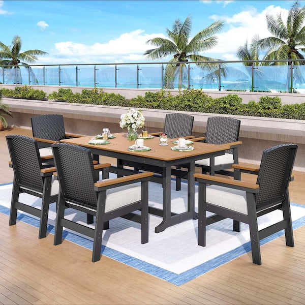 PHI VILLA Black 7-Piece HDPE Plastic Patio Outdoor Dining Set with Wood-Grain Rectangle Table and Rattan Chairs with Beige Cushion