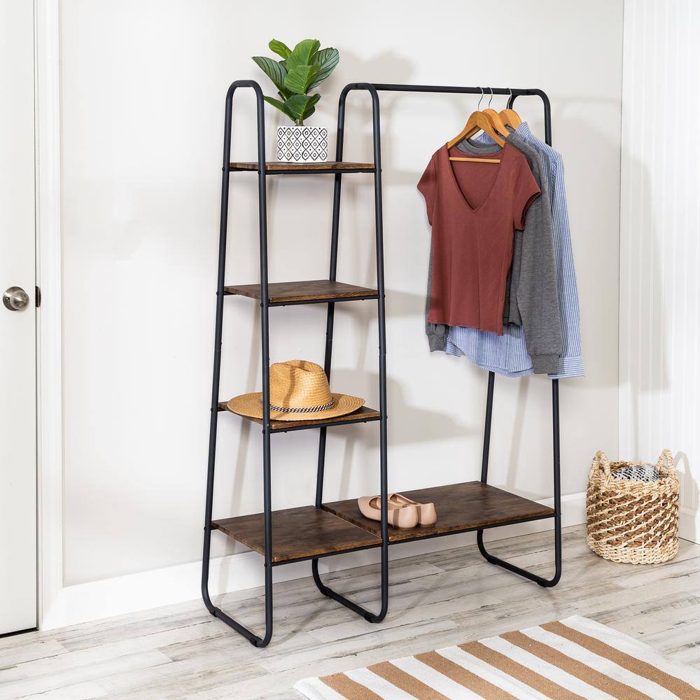 Black Industrial Garment Rack with Medium Wood Shelves