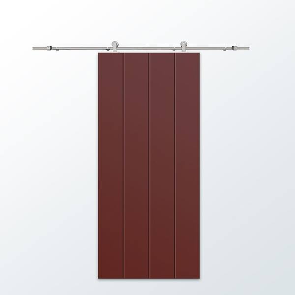 CALHOME 30 in. x 80 in. Maroon Painted Composite MDF Paneled Interior Sliding Barn Door with Hardware Kit