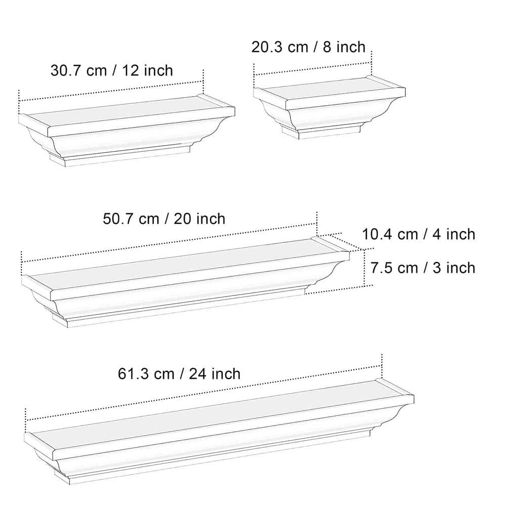 White Solid Wood Floating Wall Shelves Set of 4