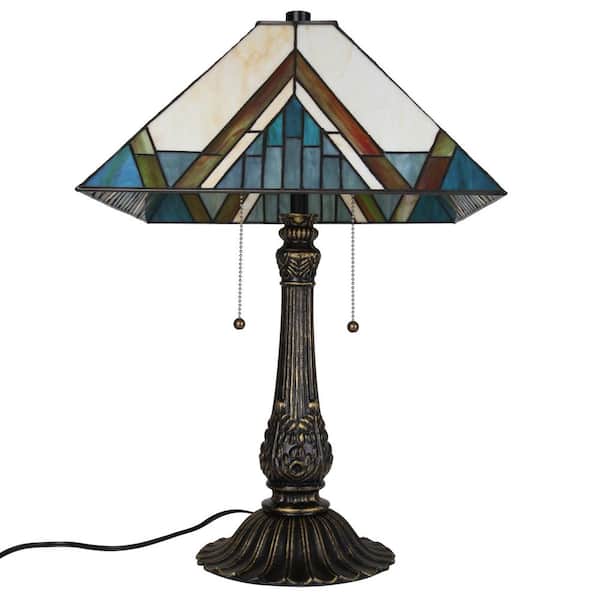 Tiffany 22 in. Blue White and Amber 2-Light Table Lamp with Stained Glass Shade