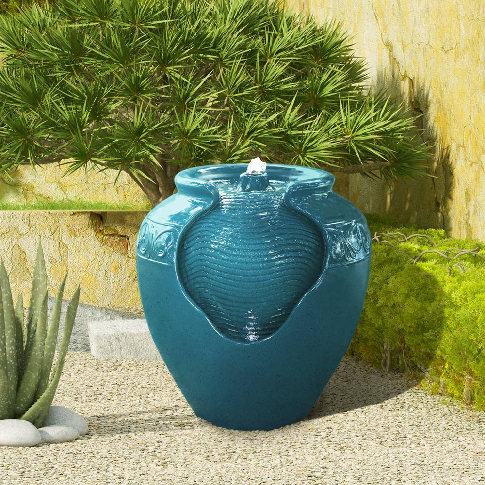 Teal Glazed Polyresin Pot Water Fountain with LED Light