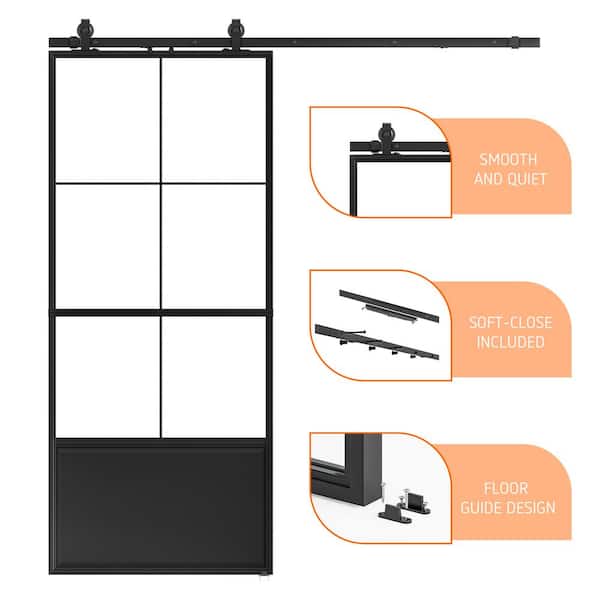 SOCBAZZAR - 32 in. x 84 in. 3/4-Lite Tempered Clear Glass Black Steel Frame Sliding Barn Door with Hardware Kit and Soft Close