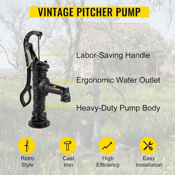 VEVOR Antique Hand Water Pump 14.6 x 5.9 x 25.6 inch Pitcher Pump w/Handle Cast Iron Well Pump w/ Pre-Set 0.5 Holes for Easy Installation Old