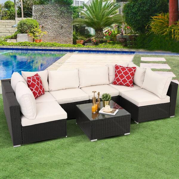 Black PE Rattan Wicker Sofa Rattan Sofa with Coffee Table Sectional Set 6 Piece Large Outdoor Garden Yard Furnitures Set Patio Room Sofa 