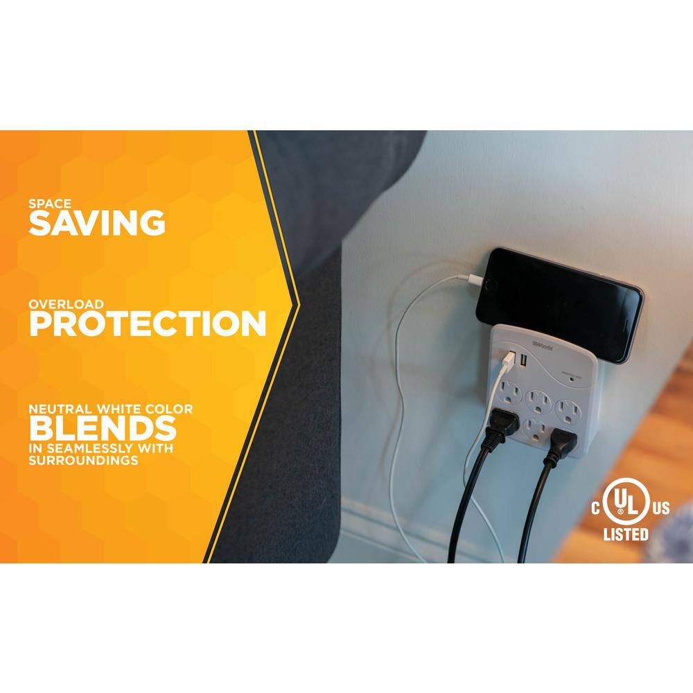 White 6-Outlet Surge Protector with 2 USB Ports