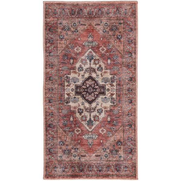 2 ft. x 4 ft. Beige and Red Medallion Power Loom Distressed Washable Non Skid Area Rug