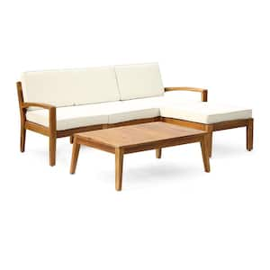 5-Piece Acacia Wood L Shape Patio Conversation Set with Beige Cushions