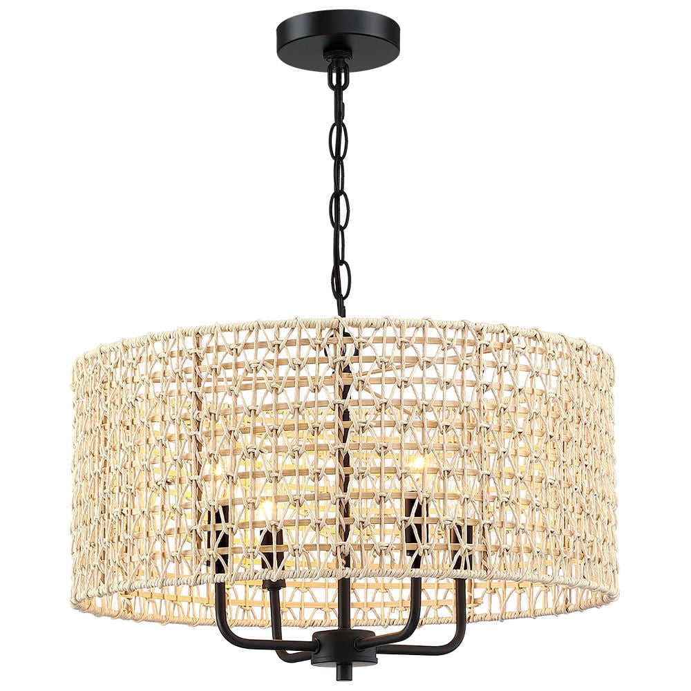 Natural Beige Rattan Drum Pendant Chandelier with Black Accents