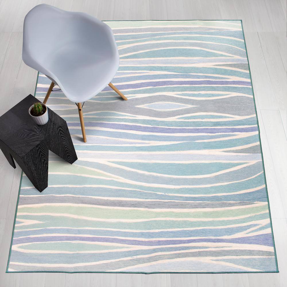 Ocean Blue Flat Woven Synthetic Washable 5' x 7' Rug