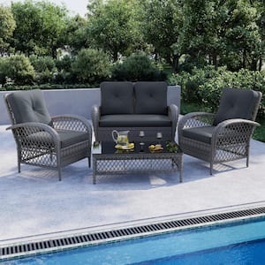 4-Piece Wicker Patio Conversation Set Outdoor Chair Set with Loveseat and Coffee Table, Gray Cushions