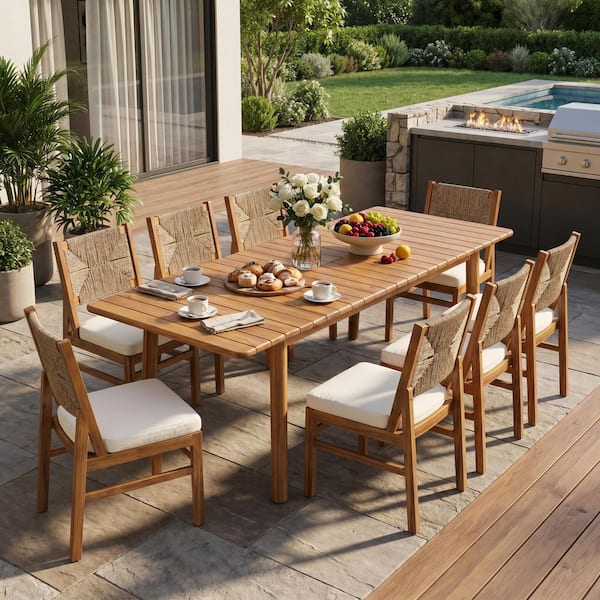 Bellor 9-Piece Teak Finish Acacia Wood Patio Outdoor Dining Set with Cream Cushions and Wicker-Back Chairs