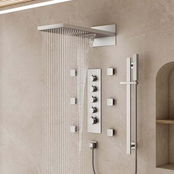 YAWWALK Thermostatic Valve 15-Spray 22 in. x 10 in. Dual Wall Mount Shower Head and Handheld Shower in Brushed Nickel