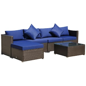 6-Pieces Metal Outdoor PE Rattan Sofa Set, Sectional Patio Conversation Wicker Patio Furniture Set with Blue Cushions