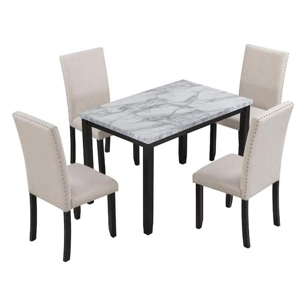 White 5-Piece Wood Outdoor Dining Set, marble tabletop, with 4 Thicken White Cushion