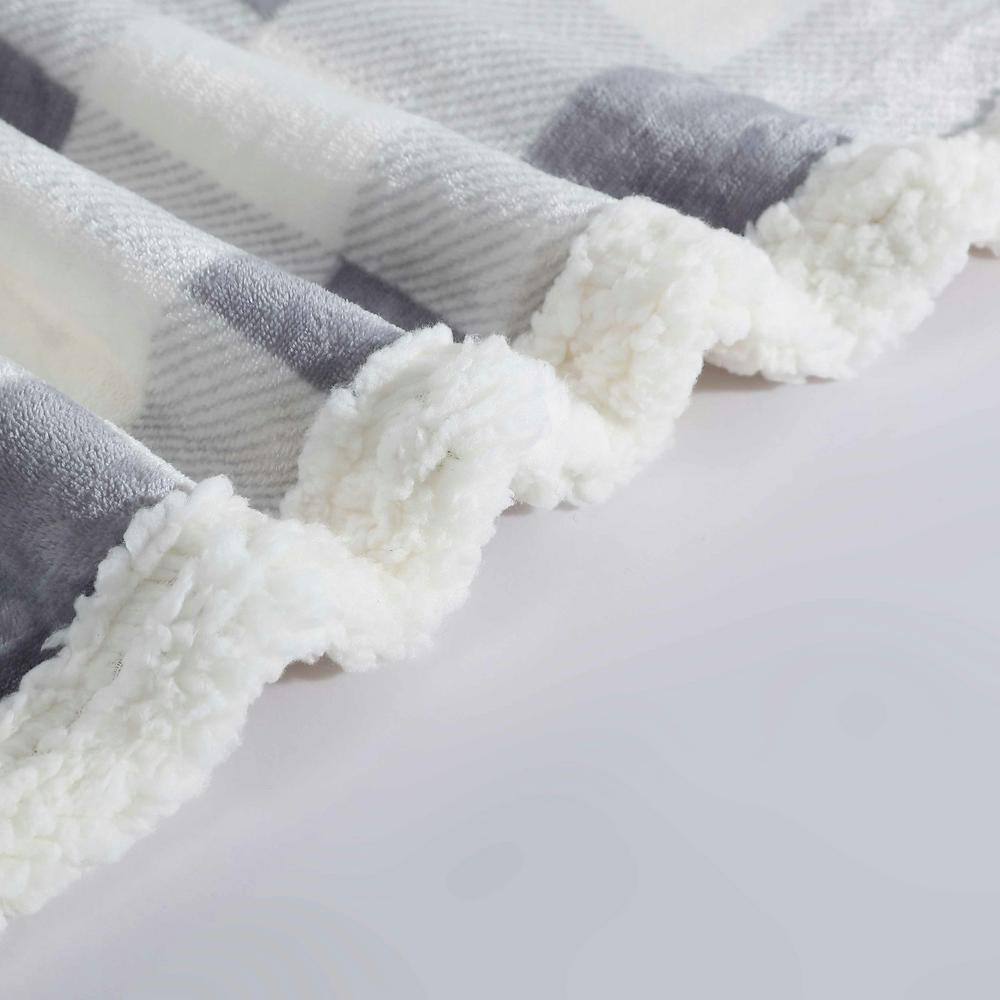 Mountain Plaid Grey Reversible Sherpa Fleece Throw Blanket