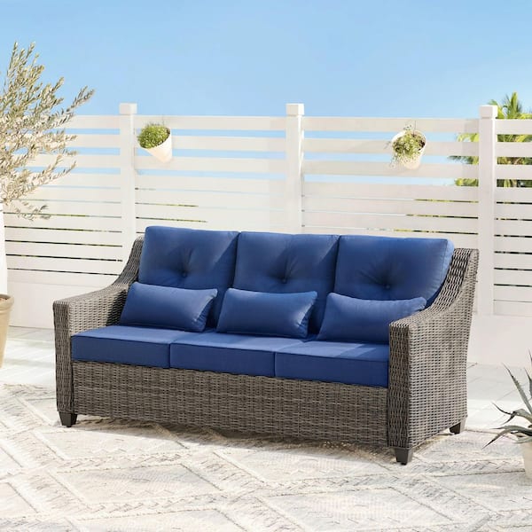 Thaddeus 74 in. Flared Arm Fabric Wicker Straight Oversized  Rectangle 3-Seater Sofa Couch in Blue,Weather Resistant