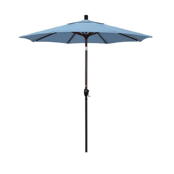 California Umbrella 7.5 ft. Bronze Aluminum Pole Market Aluminum Ribs Push Tilt Crank Lift Patio Umbrella in Air Blue Sunbrella