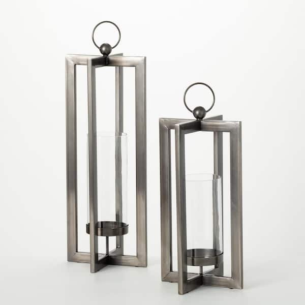18 in. H and 23.5 in. H Modern Industrial Lantern Set; Black