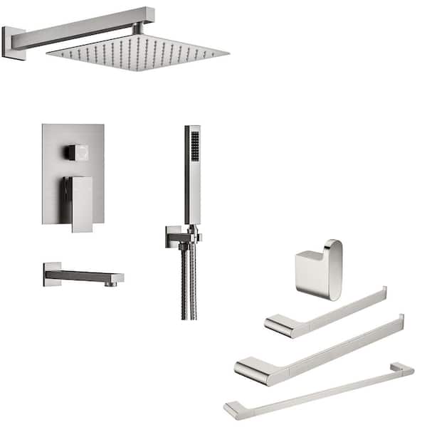 YAWWALK 10 in. Double Handles 3-Spray Tub and Shower Faucet 2.5 GPM and Towel Racks in Brushed Nickel Valve Included