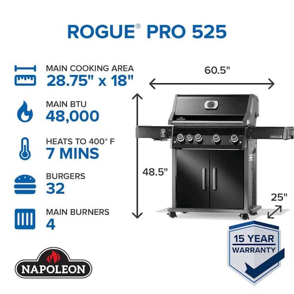 Rogue PRO 525 4-Burner Propane Gas Grill with Infrared Side Burner in Black with Grill Cover