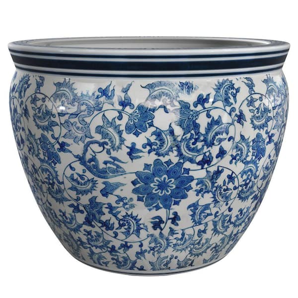 Red Lantern 12 in. Floral Blue and White Porcelain Fishbowl BW