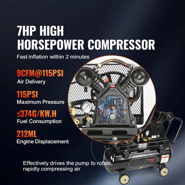 7 HP Gas Powered Air Compressor, 13.2 Gal. 115 PSI Horizontal Air Compressor Tank, Gas Driven Air Compressed System