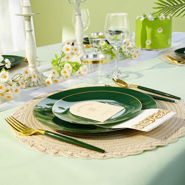 JFVKAF 350-Piece Green Gold Plastic Dinnerware Set, Christmas