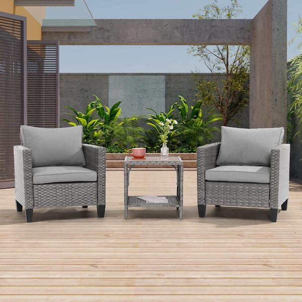 JOYESERY 3-Piece Gray Wicker Patio Bistro Set Outdoor Single Sofa Set with Side Table for Outdoor Lawn, Linen Grey Cushions
