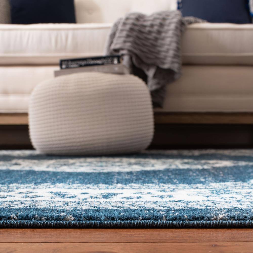 Navy and Cream Floral Motif Medium Pile Area Rug
