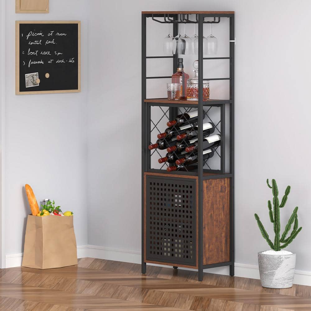Industrial Black and Natural Wood Bar Cabinet with Wine Rack