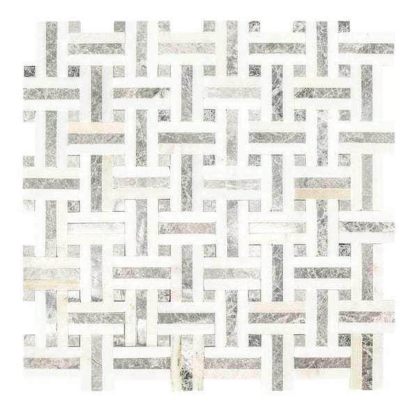 Jeffrey Court Windswept White 12.75 in. x 12.375 in. x 8 mm Basketweave Marble Mosaic Tile