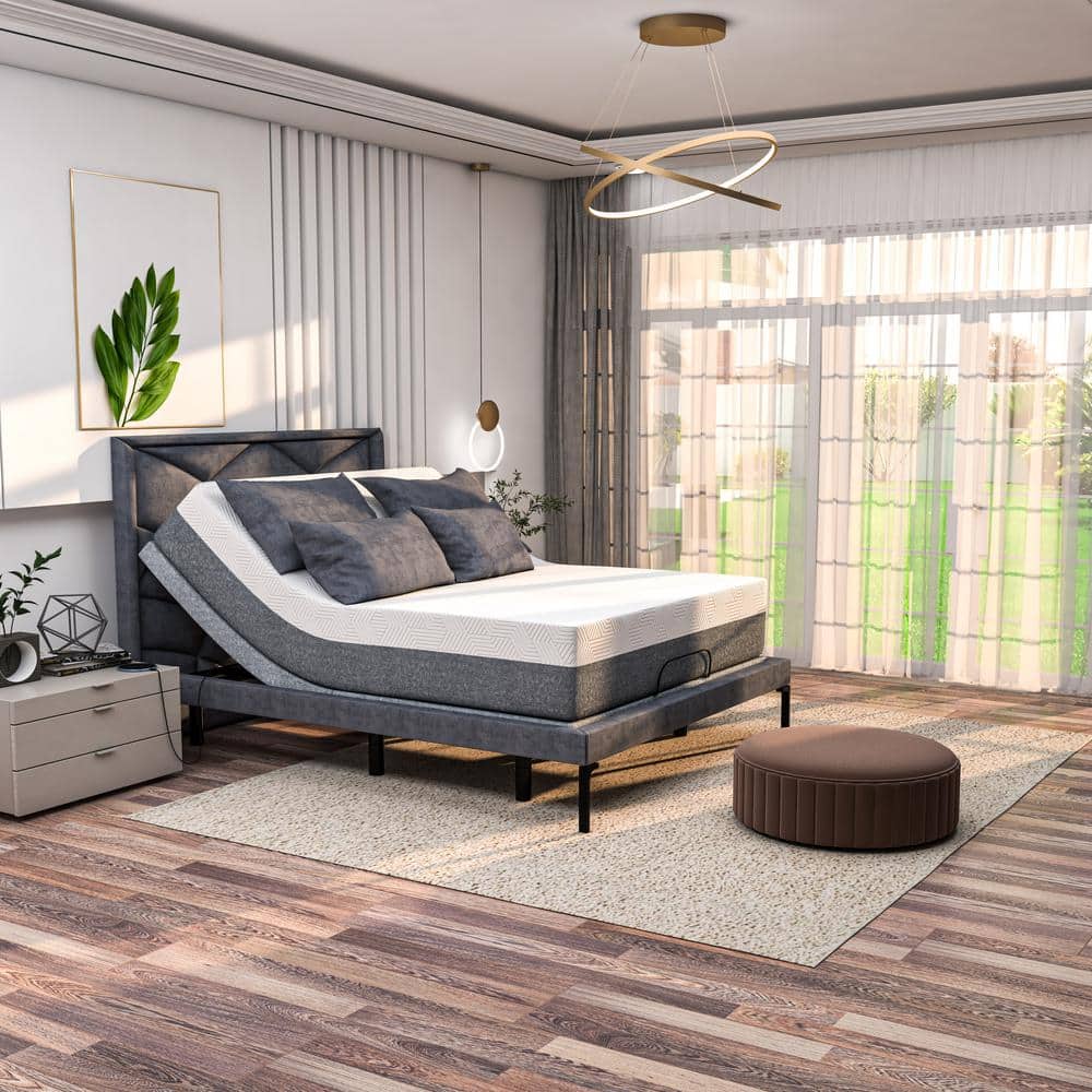 Gray Upholstered Adjustable Full Bed with Hybrid Mattress