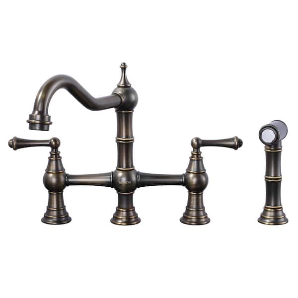 ALEASHA Double Handles Bridge Kitchen Faucet with Side Sprayer in Antique Bronze