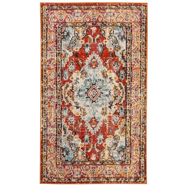Monaco 3 ft. x 5 ft. Orange/Light Blue Distressed Border Medallion Area Rug
