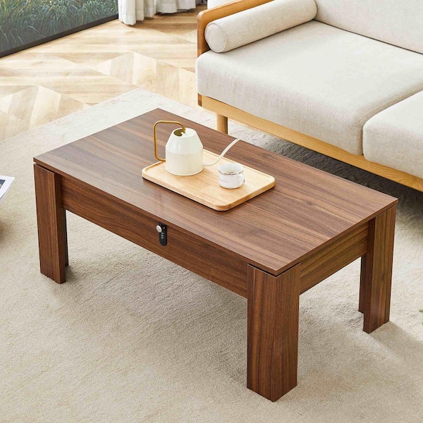 Polibi 39.37 in. Walnut Rectangle MDF Coffee Table with Storage