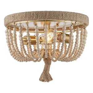 Taylan 14 in. 2-Light Antique Gold Flush Mount Ceiling Light Fixture with Jute Rope and Wood Beaded Shade