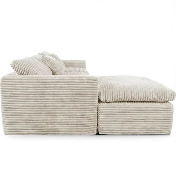 Quinley Modern 107 in. Square Arms 4-Piece Corduroy Modular Compressed Sectional Sofa in Off White with Ottoman