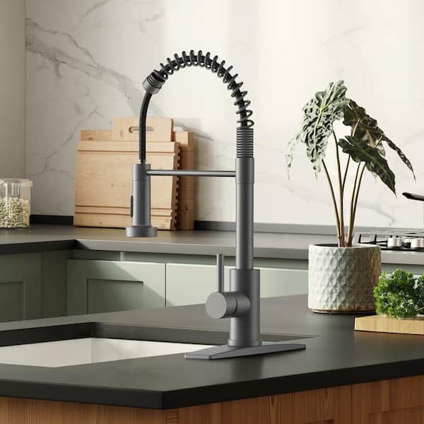 Single Handle Pull Down Sprayer Kitchen Faucet with Deckplate and Swivel Spout in Gunmetal