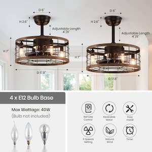 18 in. Indoor 4-Light Black Farmhouse Caged Ceiling Fan with Light Small Enclosed Ceiling fan with Remote for Bedroom