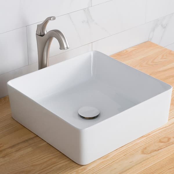 KRAUS Viva 15-5/8 in. Square Porcelain Ceramic Vessel Sink with Pop-Up Drain in White
