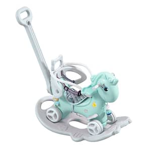 Unicorn Rocking Horse for Toddlers, Balance Bike Ride On Toys with Push Handle, Backrest and Balance Board, Blue