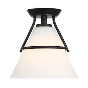 Greylock 10 in. 1-Light Matte Black Cone Semi-Flush Mount Ceiling Light with White Opal Glass Shade