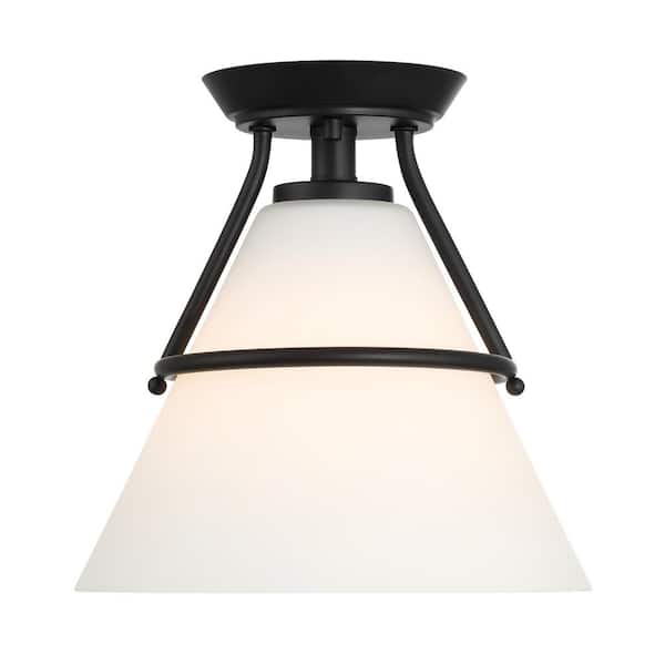 Hampton Bay Greylock 10 in. 1-Light Matte Black Cone Semi-Flush Mount Ceiling Light with White Opal Glass Shade