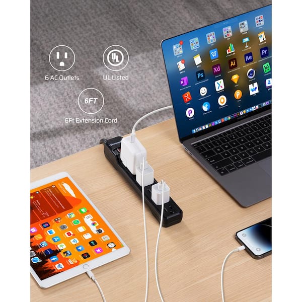 6 ft. 6-Outlet Power Strip Surge Protector, 500 J in Black (2-Pack)