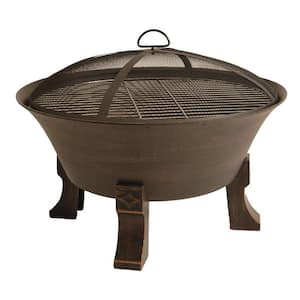26 Inch Cast Iron Deep Bowl Fire Pit with Cooking Grid, Weather Cover, Spark Screen, and Poker