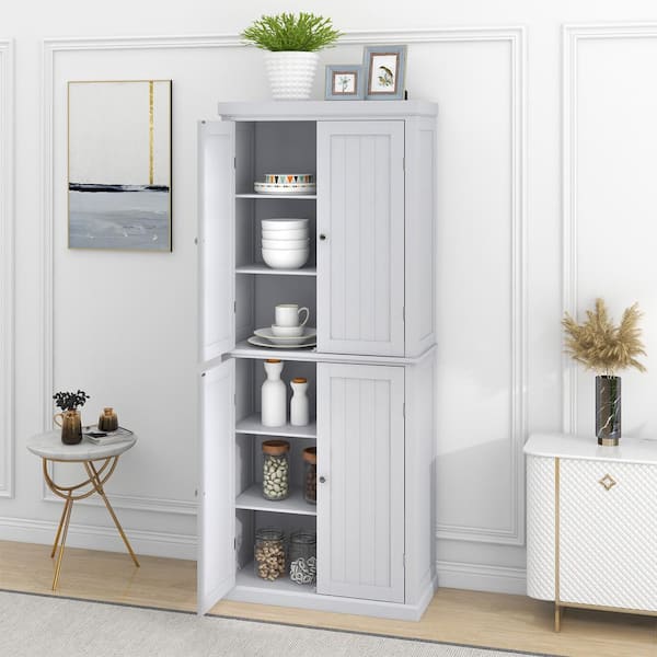 HOMCOM Freestanding Modern 4 Door Kitchen Pantry, Storage Cabinet Organizer with 6-Tier Shelves, and 4 Adjustable Shelves - White